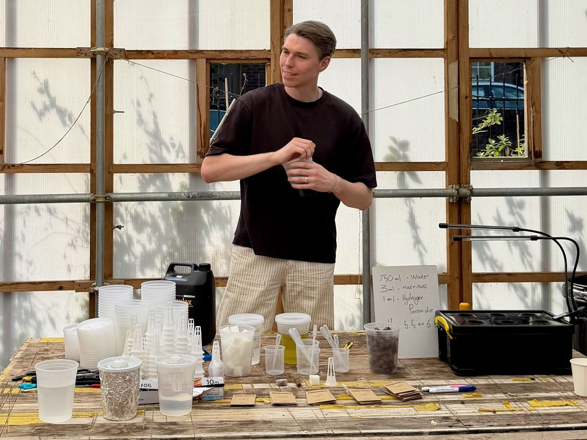 Charlie leading a hydroponics workshop at R-Urban Poplar, London, July 2026